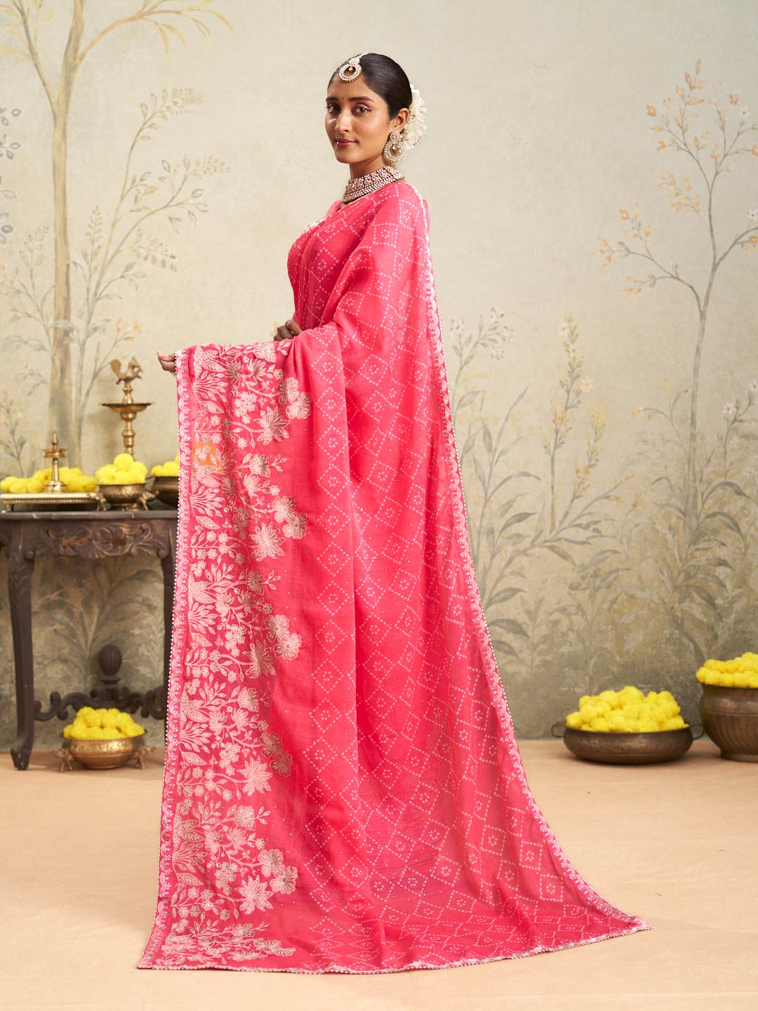 Pink floral embroidered chiffon saree daily wear
