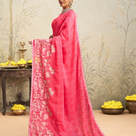 Pink floral embroidered chiffon saree daily wear