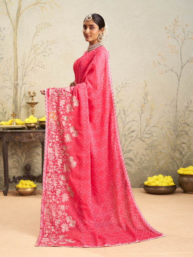 Pink floral embroidered chiffon saree daily wear