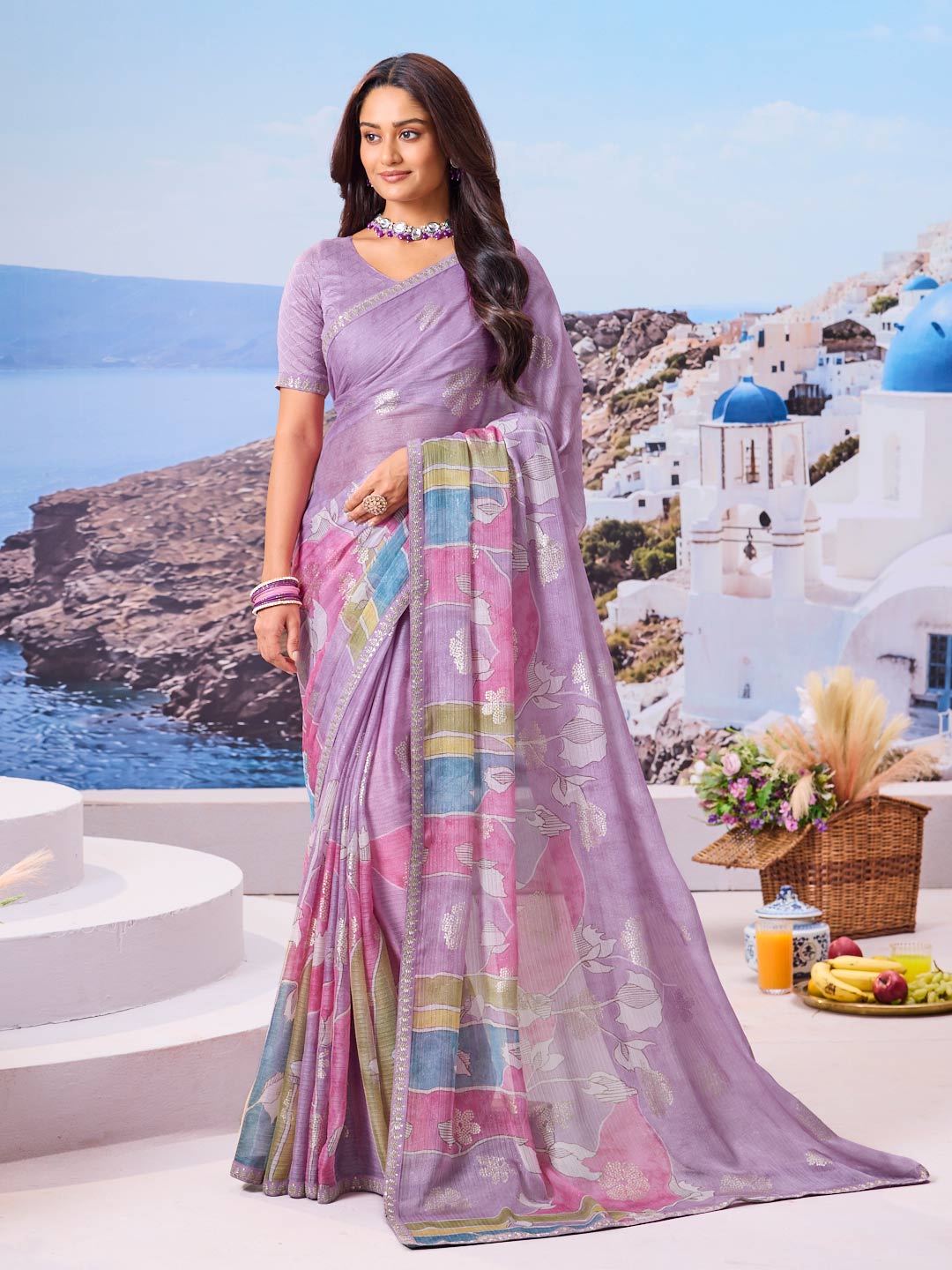 Lavender floral chiffon saree