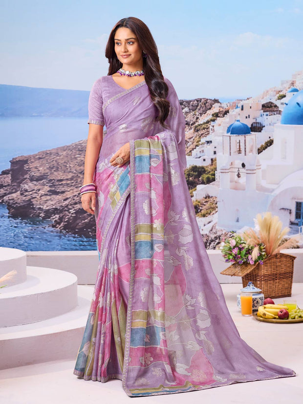 Lavender floral chiffon saree