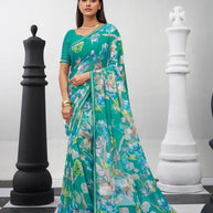 Green floral printed georgette saree trendy style