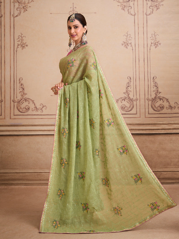 Green embroidered chiffon saree festive wear