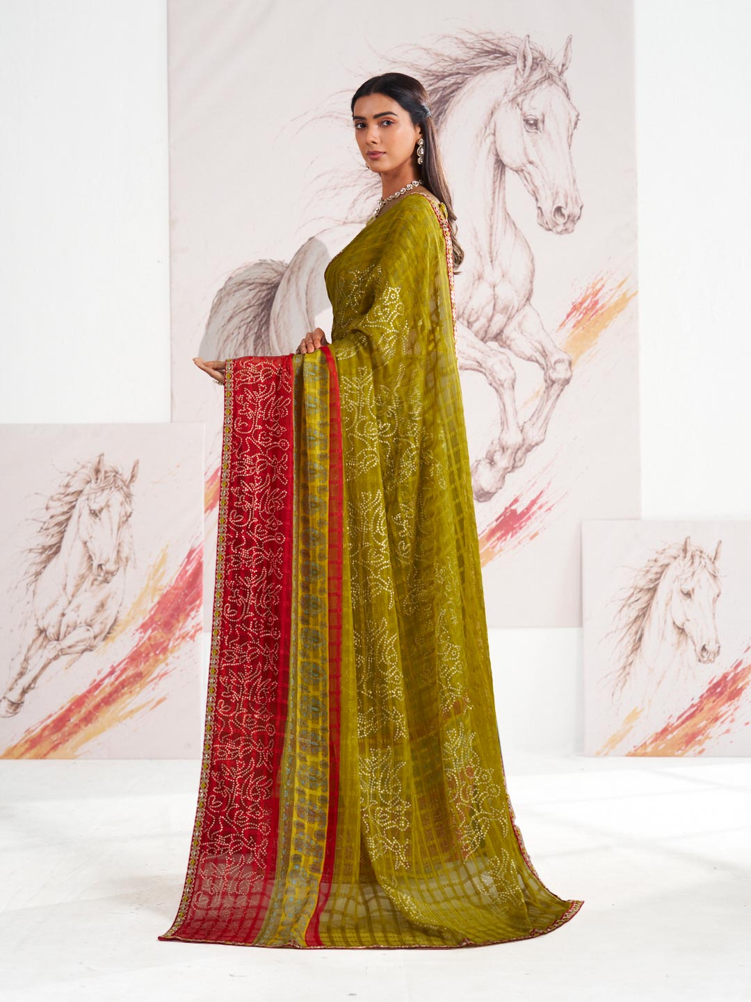 Laxmipati Murli Olive Green Chiffon Floral Saree