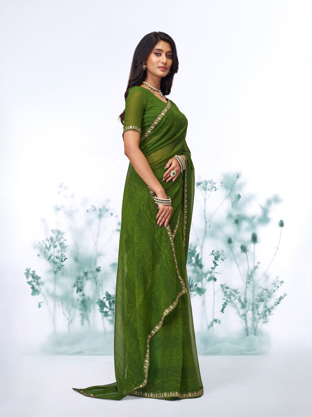 Green floral printed georgette saree casual wear
