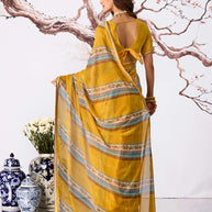 Yellow striped printed georgette saree casual wear