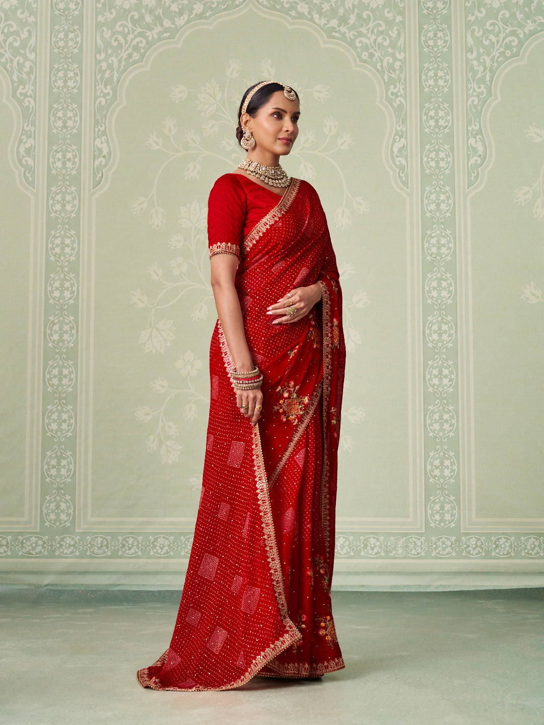 Red floral embroidered chiffon saree wedding wear