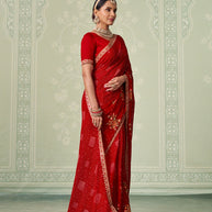 Red floral embroidered chiffon saree wedding wear