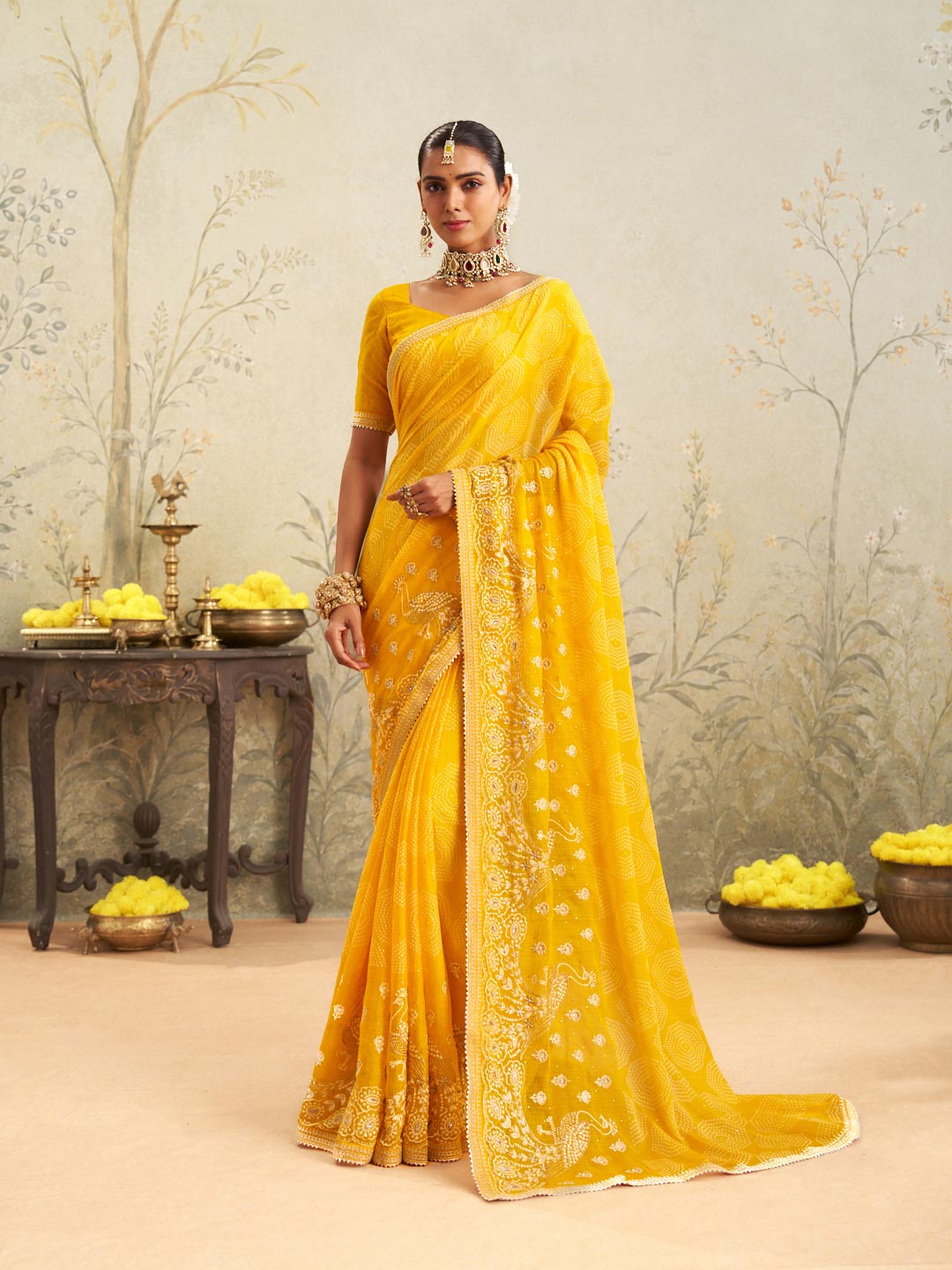 Yellow embroidered chiffon saree daily wear