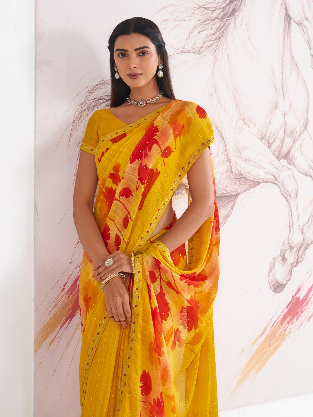 Laxmipati Murli Yellow Chiffon Floral Saree
