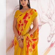 Laxmipati Murli Yellow Chiffon Floral Saree