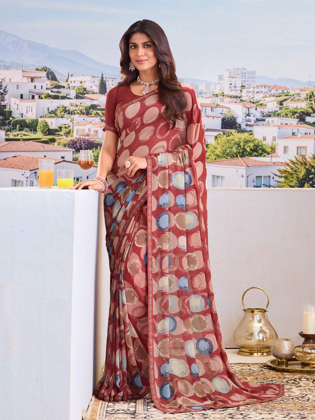 Maroon modern print saree