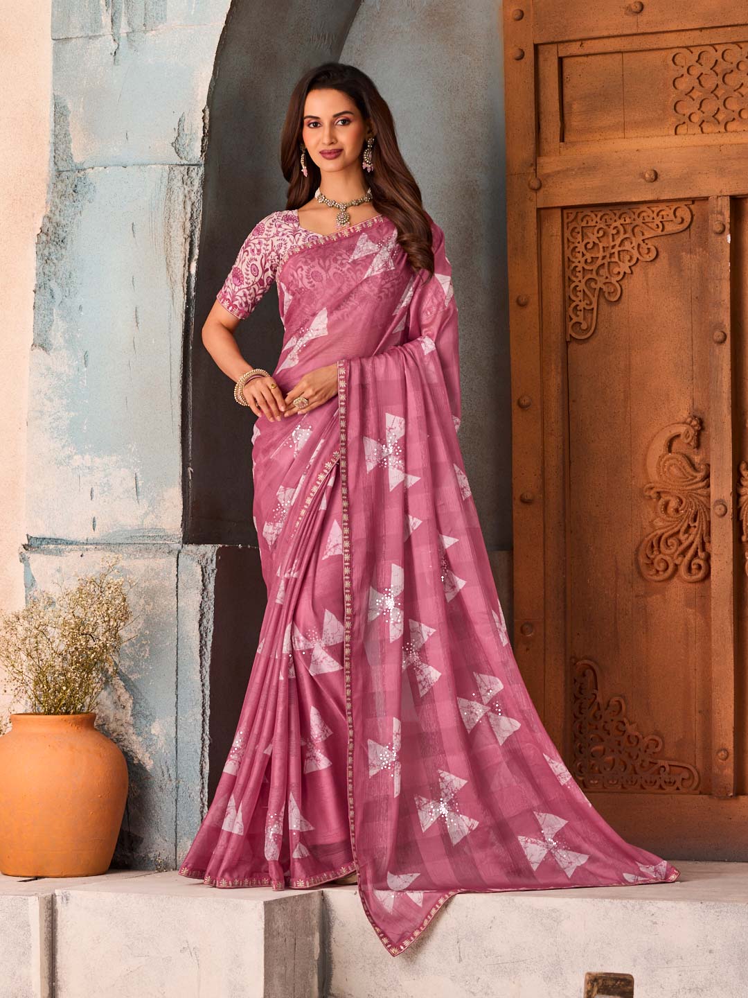 Pink geometric sequin chiffon saree party wear