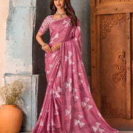 Pink geometric sequin chiffon saree party wear