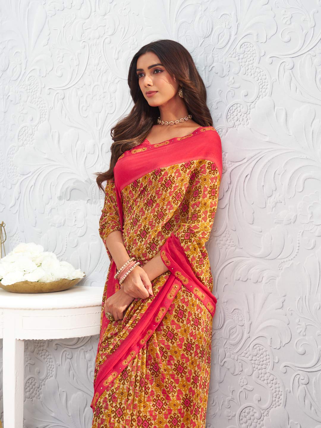 Orange floral printed georgette saree casual wear