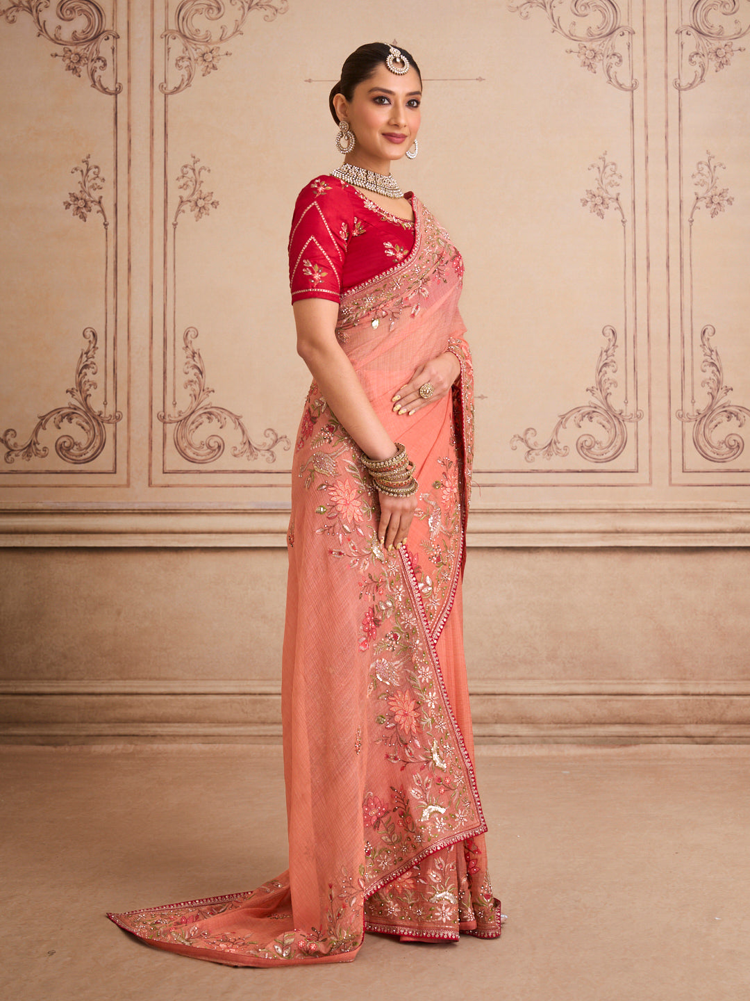 Peach floral embroidered chiffon saree casual wear