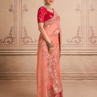 Peach floral embroidered chiffon saree casual wear