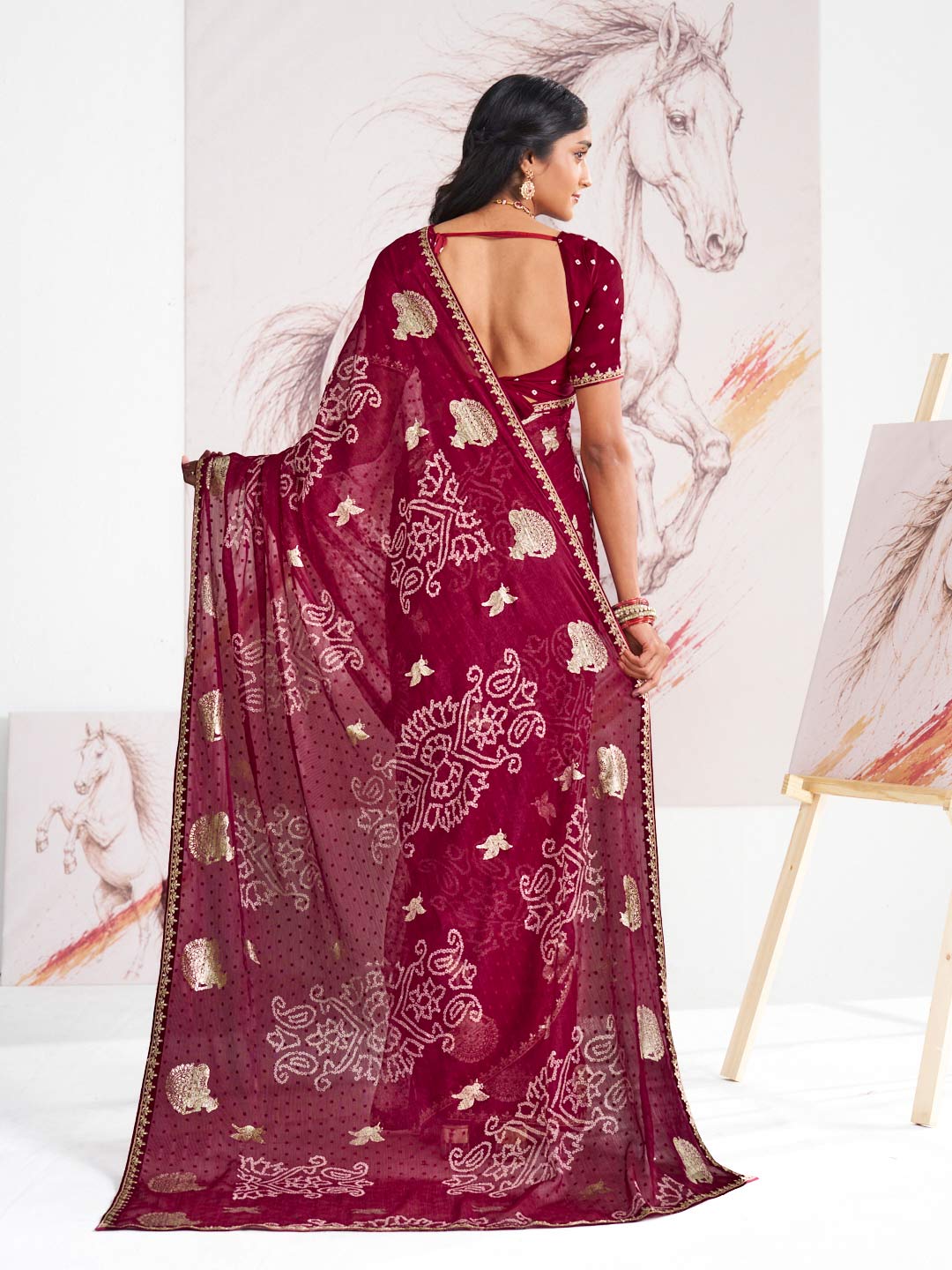 Laxmipati Murli Maroon Chiffon Floral Saree
