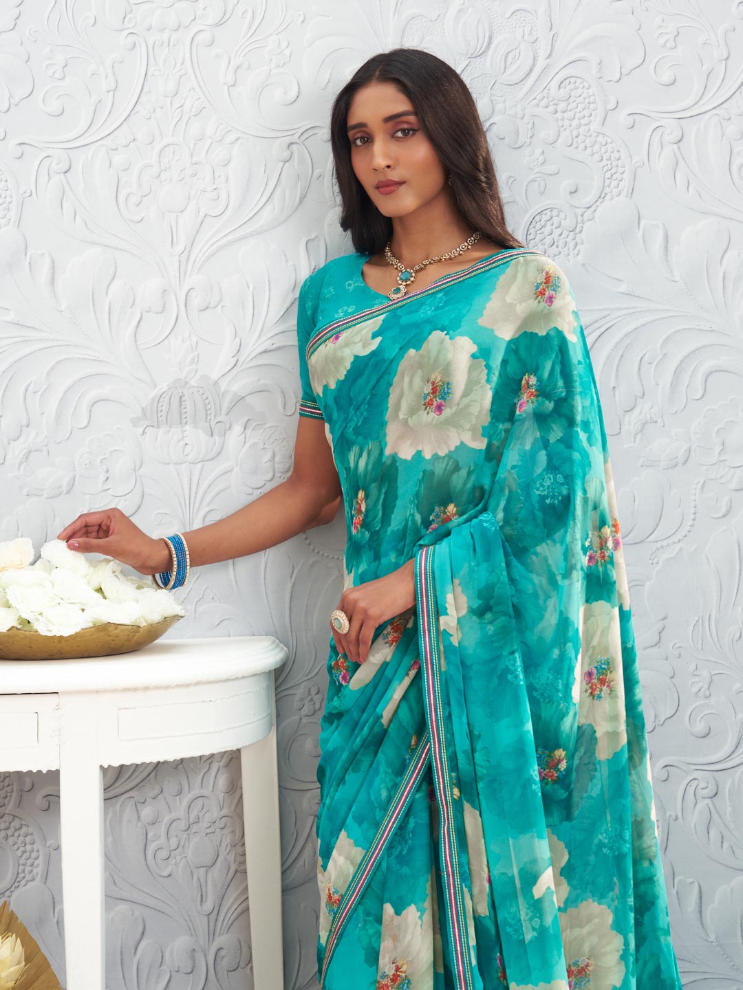 Blue floral printed georgette saree wedding wear