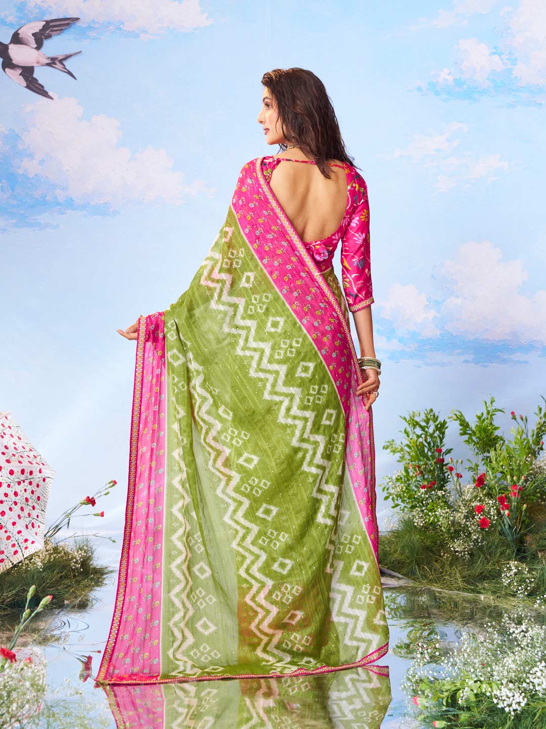  Green floral printed silk saree daily wear 