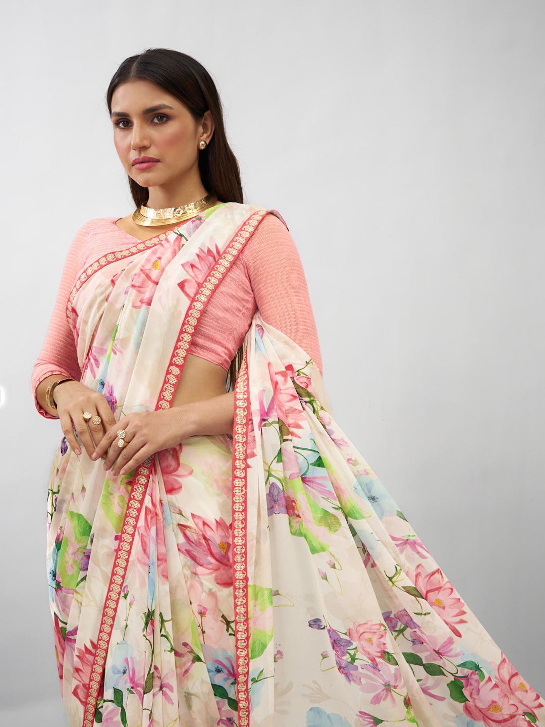 White floral georgette saree casual look