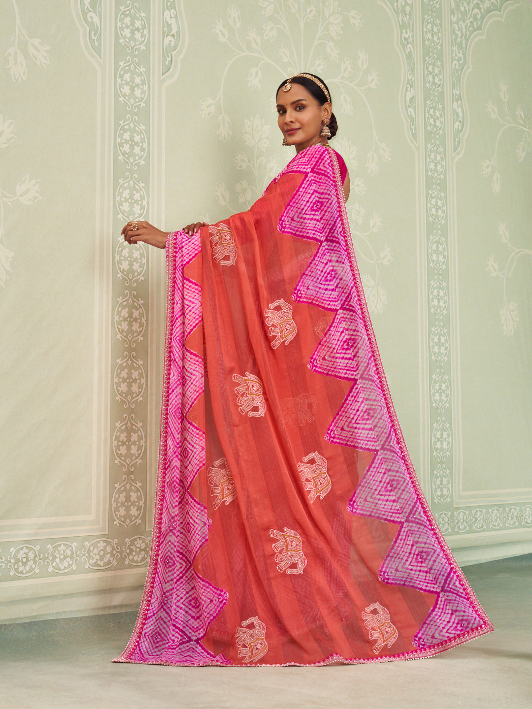 Pink embroidered chiffon saree daily wear