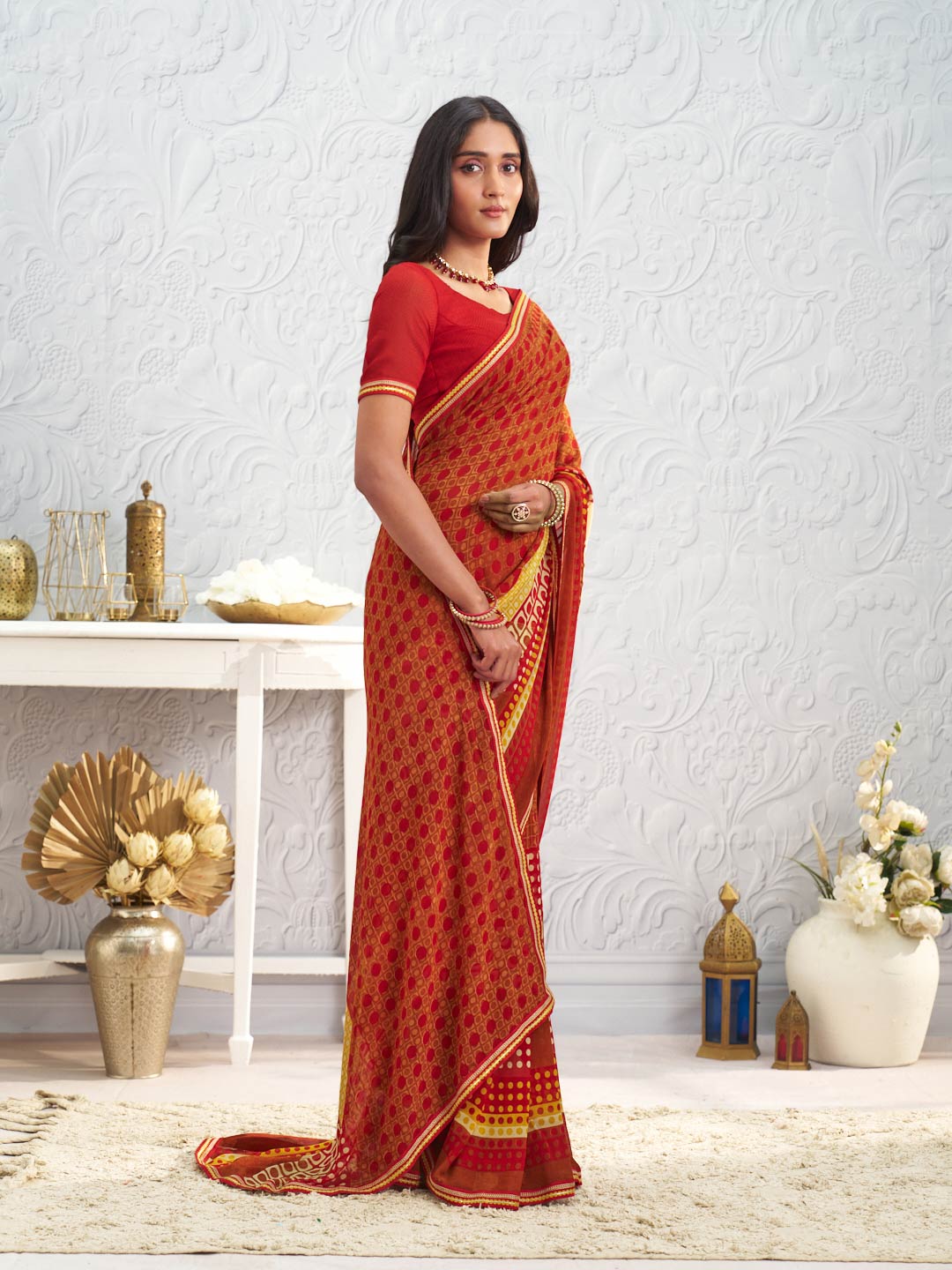 Brown floral printed georgette saree casual wear