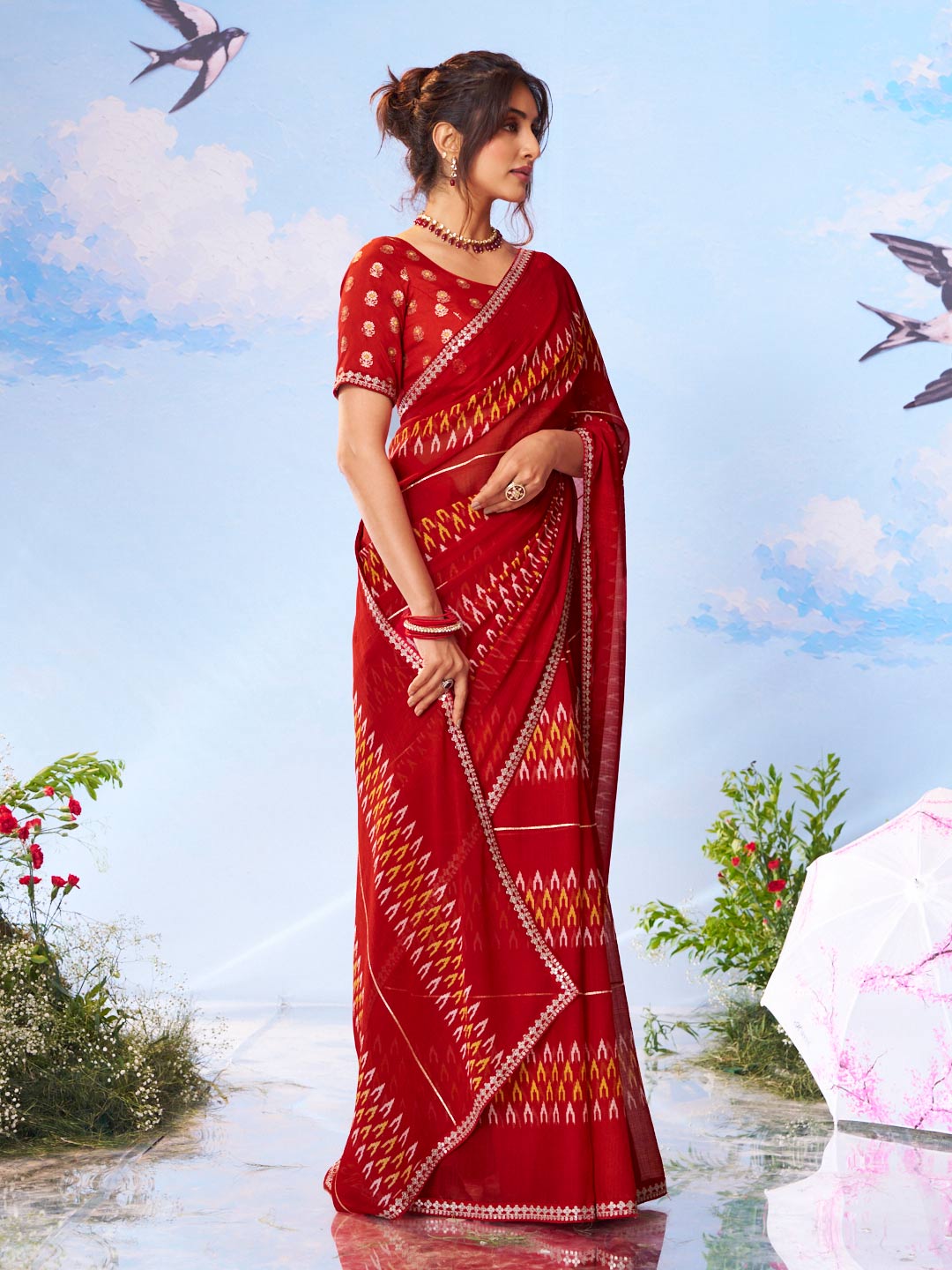 Red geometric printed chiffon saree daily wear