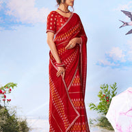 Red geometric printed chiffon saree daily wear