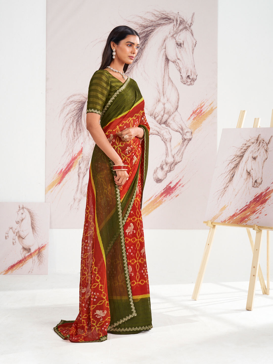 Laxmipati Murli Red Chiffon Floral Saree