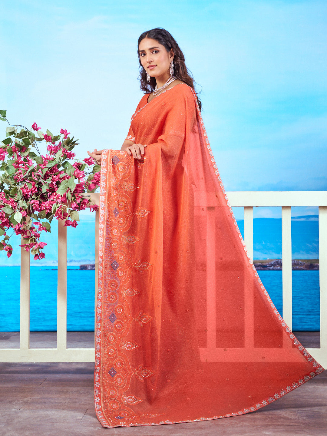 Orange floral embroidered chiffon saree elegant wear 