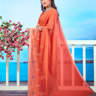 Orange floral embroidered chiffon saree elegant wear 