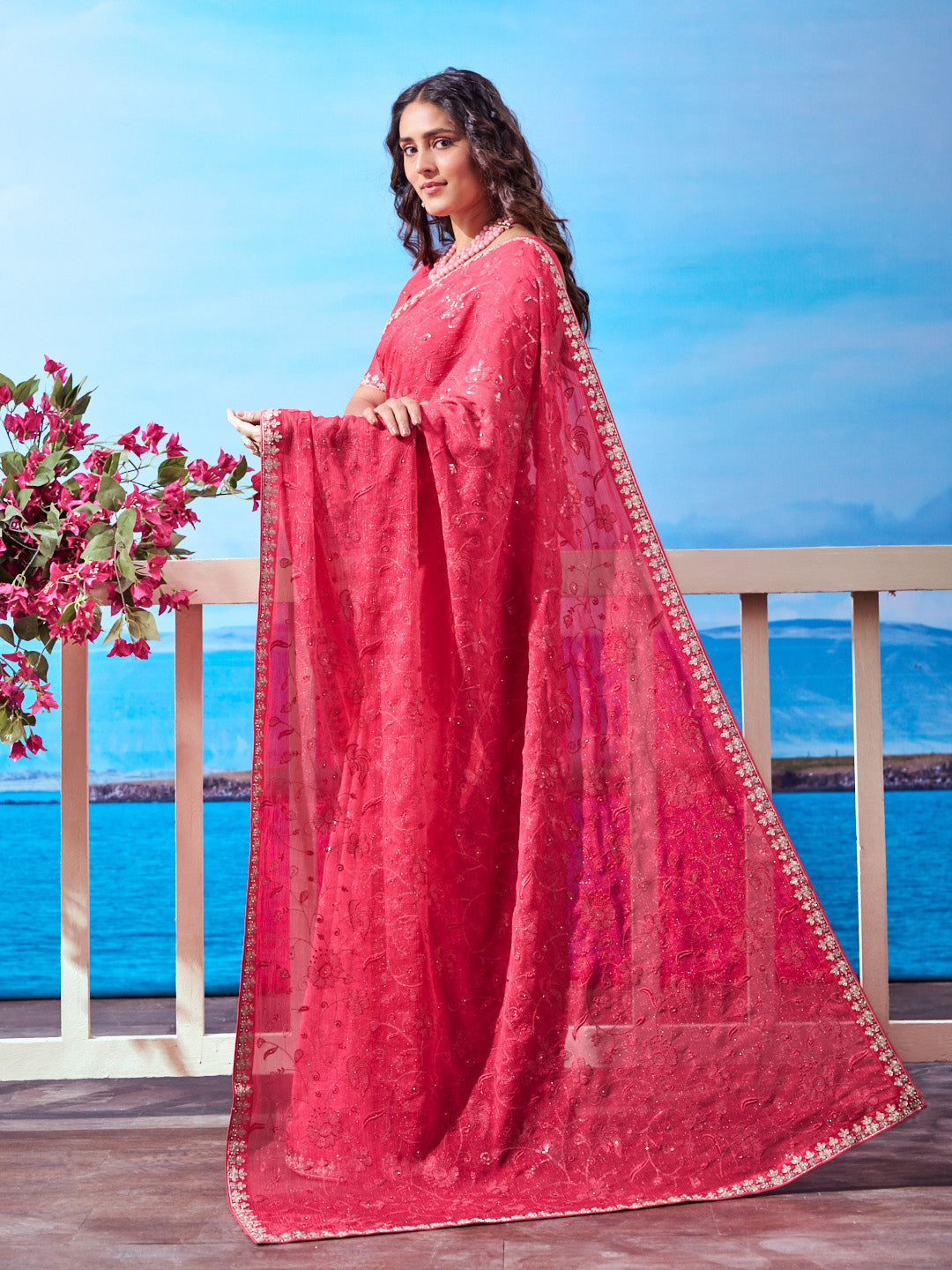 Red floral embroidered chiffon saree elegant wear