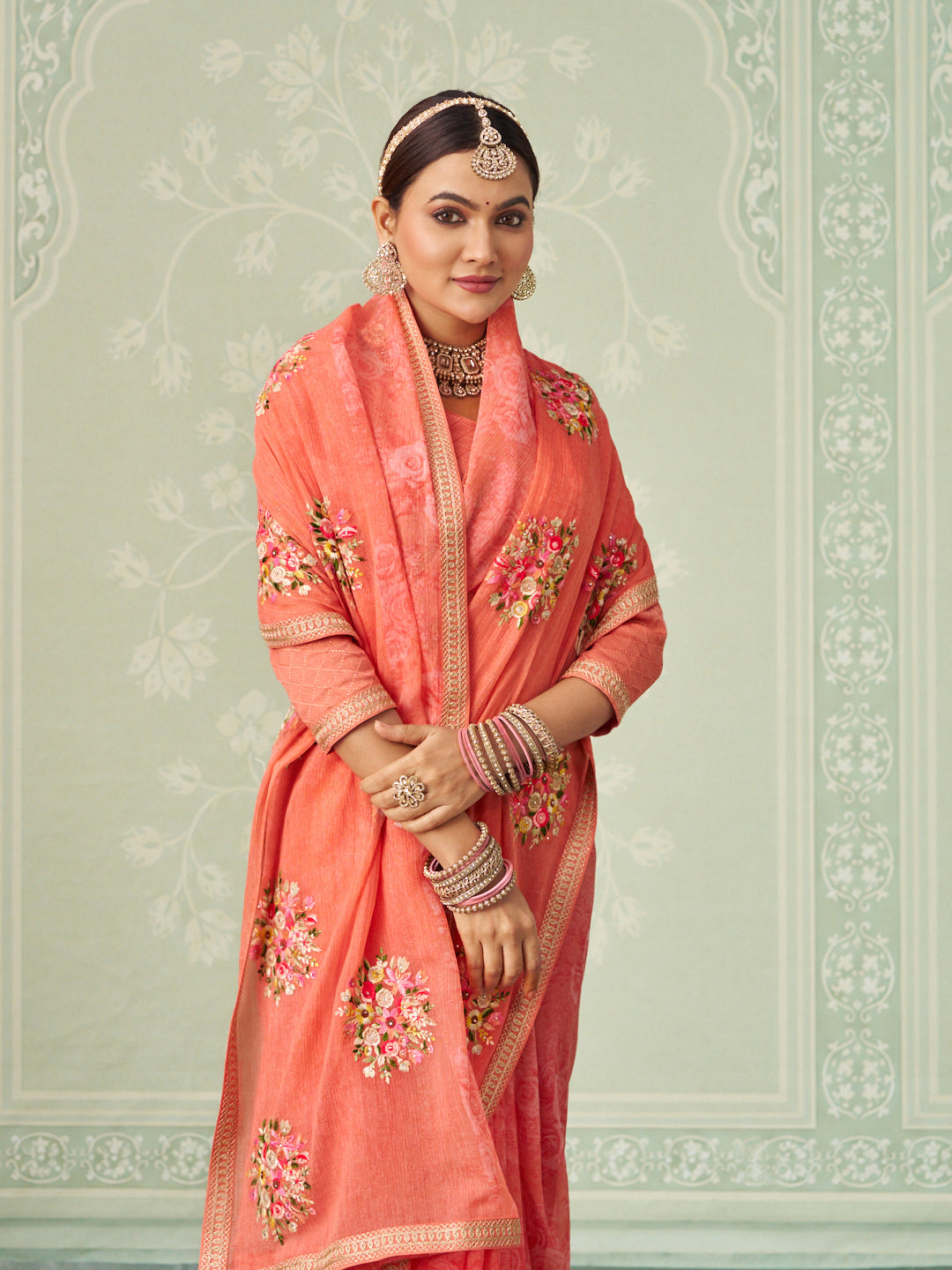 Peach floral embroidered chiffon saree wedding wear