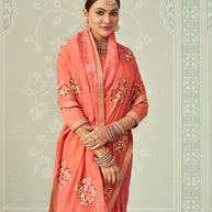 Peach floral embroidered chiffon saree wedding wear