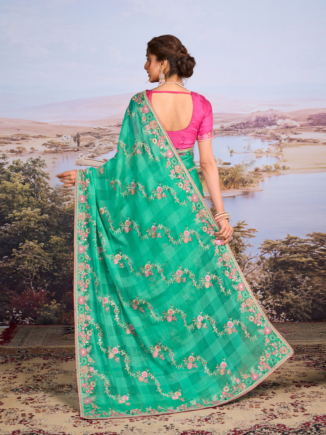 Green floral embroidered chiffon saree party wear