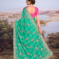 Green floral embroidered chiffon saree party wear