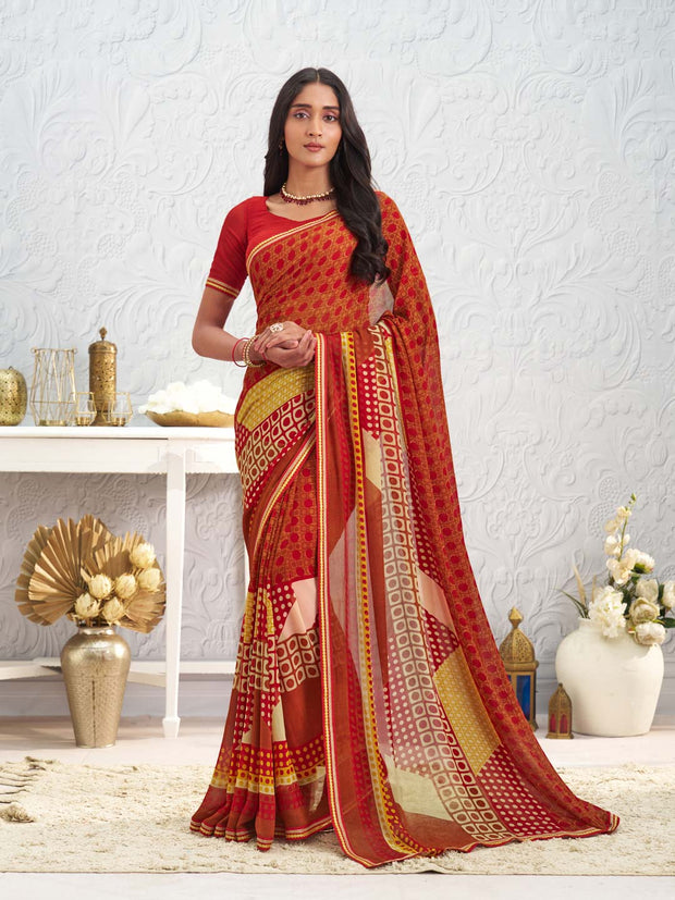 Brown floral printed georgette saree daily wear