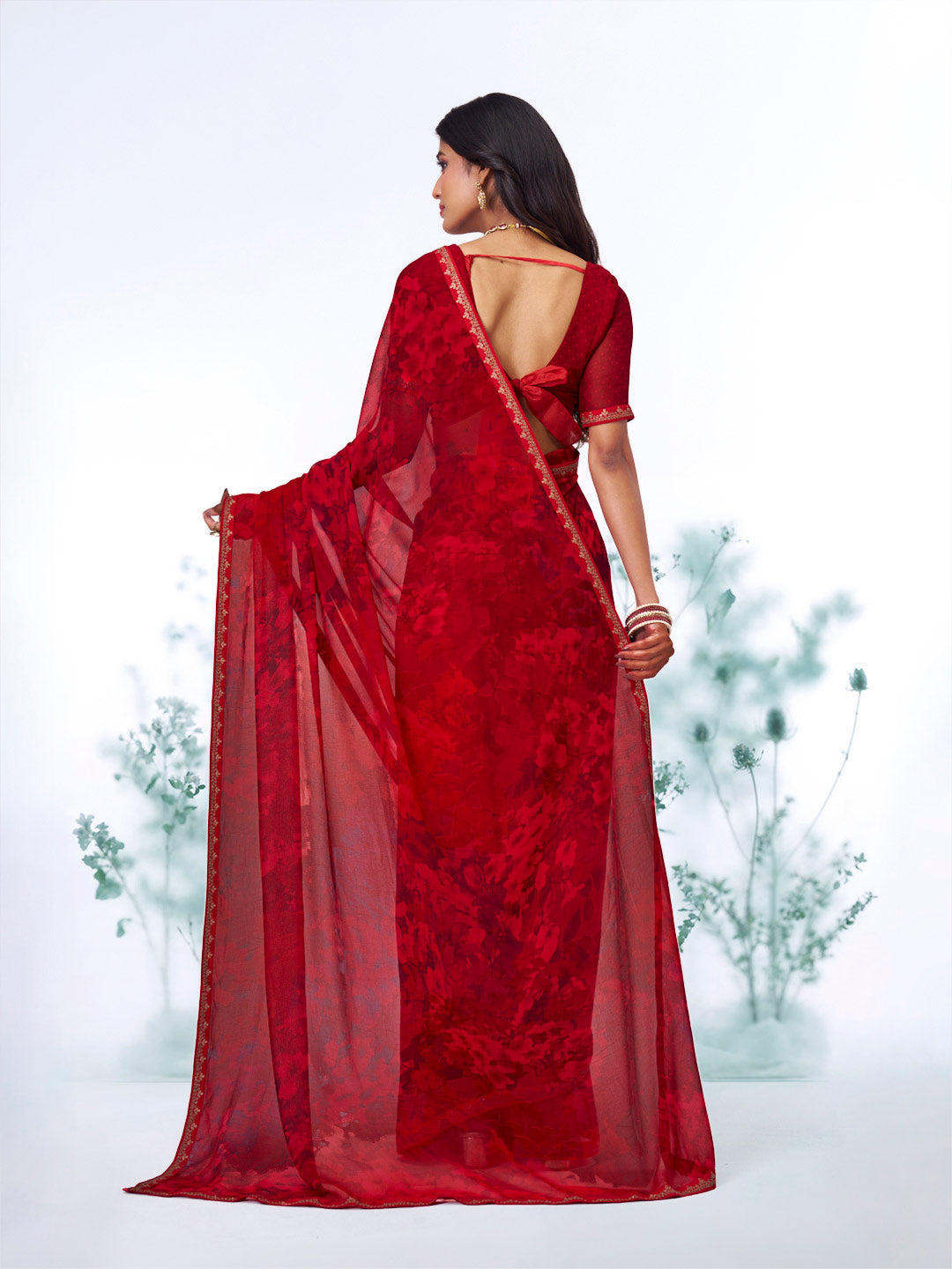 Red abstract printed georgette saree party wear