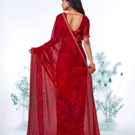 Red abstract printed georgette saree party wear