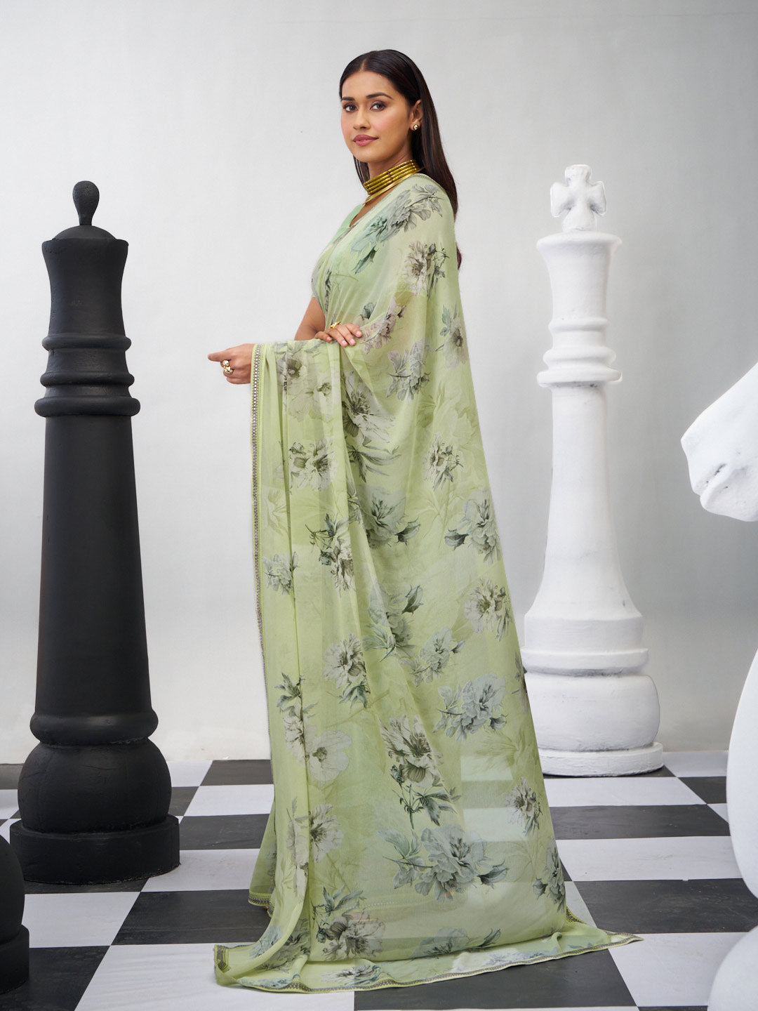Green printed saree daily wear