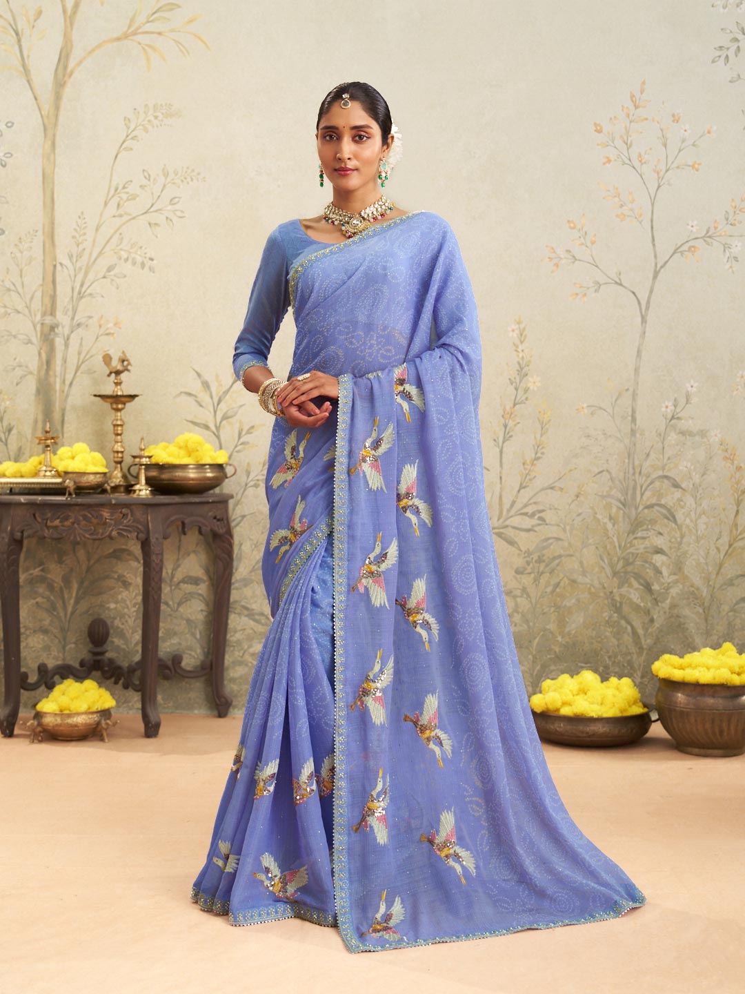 Blue embroidered chiffon saree festive wear
