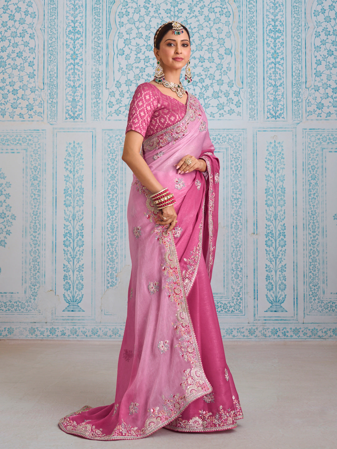 Laxmipati Aanya Pink Chiffon Embroidered Saree