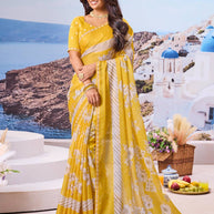 Yellow floral printed saree casual wear style