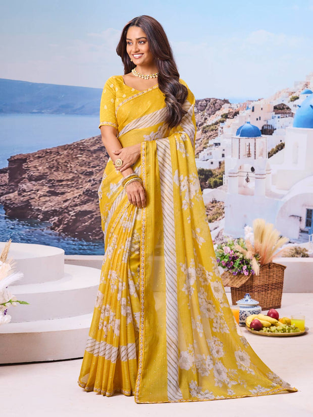 Yellow floral printed saree casual wear style