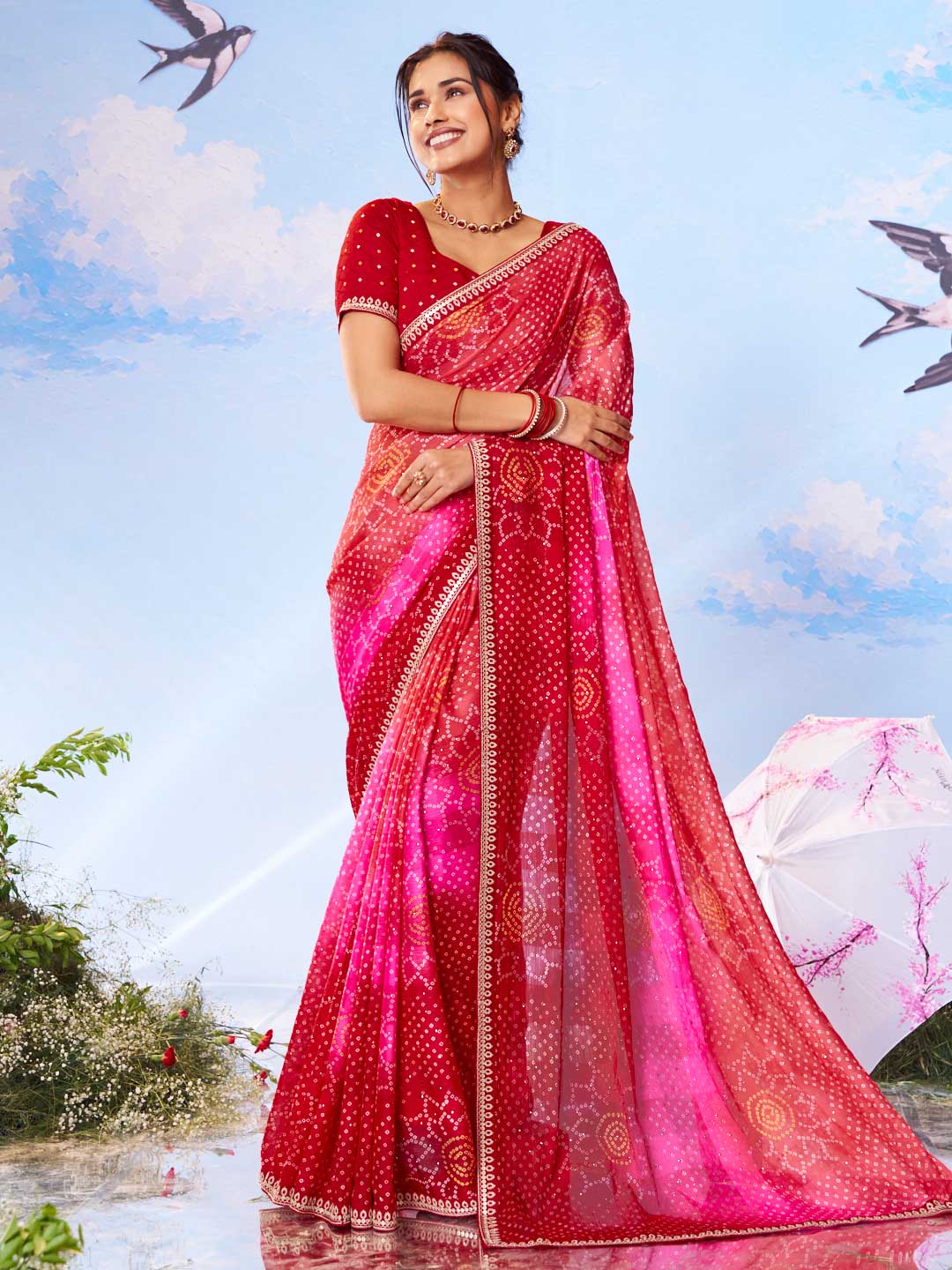 pink printed silk saree festive wear