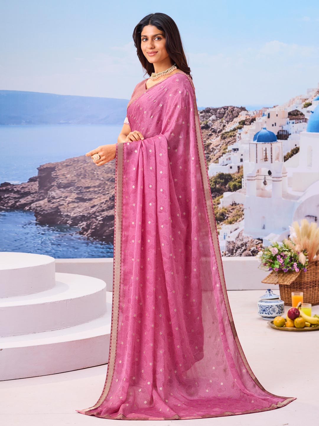 Stylish pink floral saree festive look