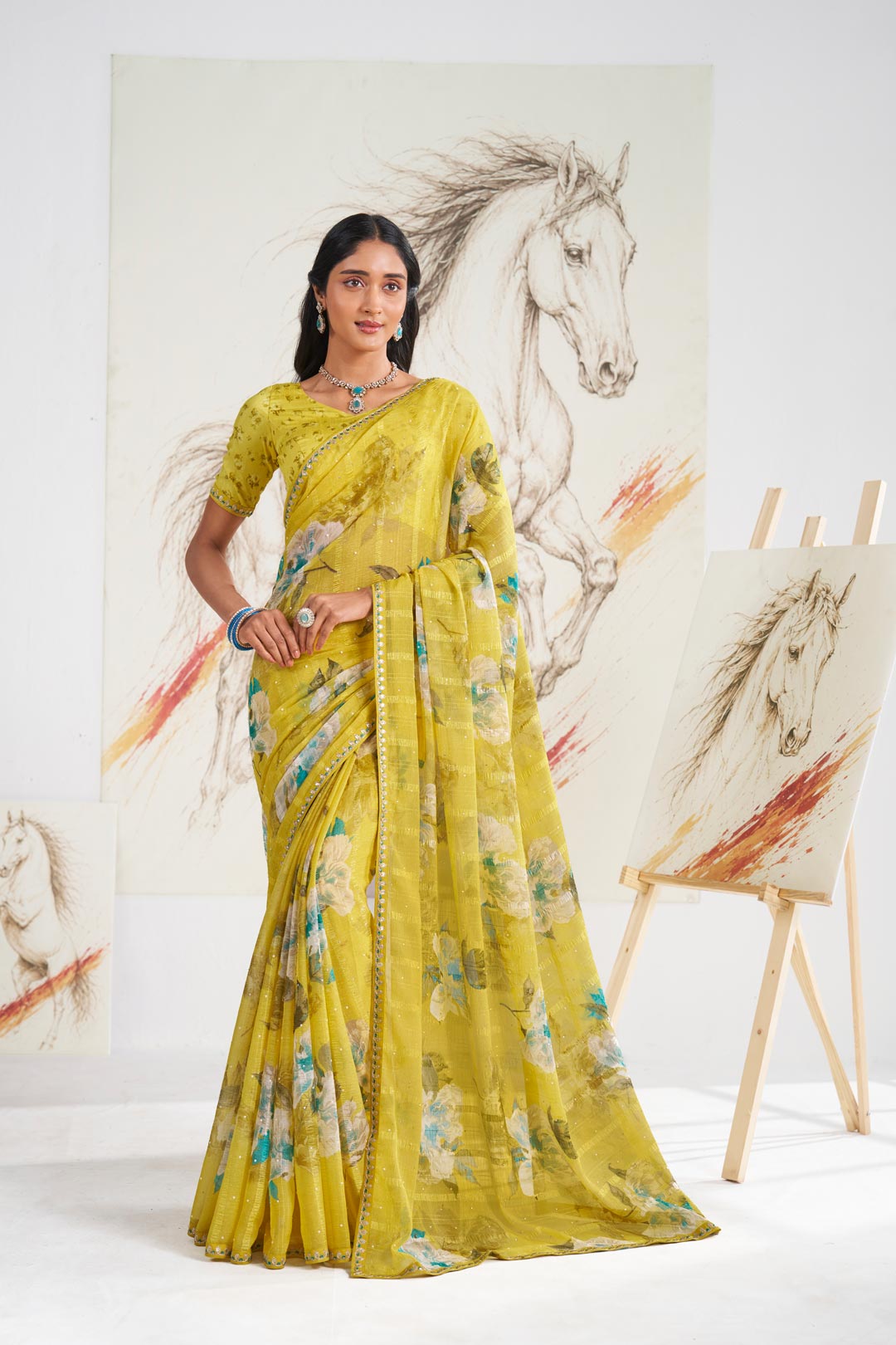 Laxmipati Murli Yellow Chiffon Floral Saree