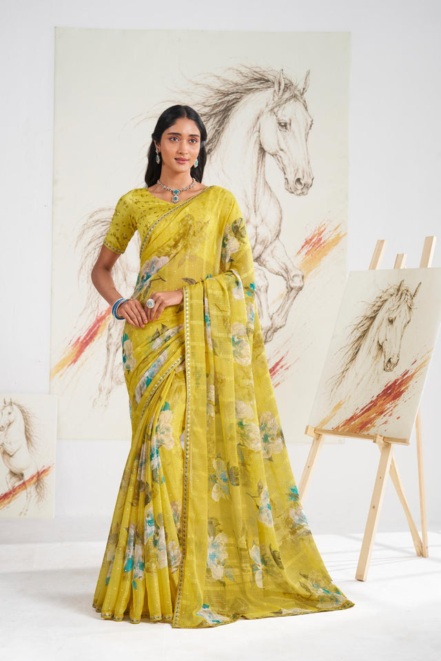 Laxmipati Murli Yellow Chiffon Floral Saree