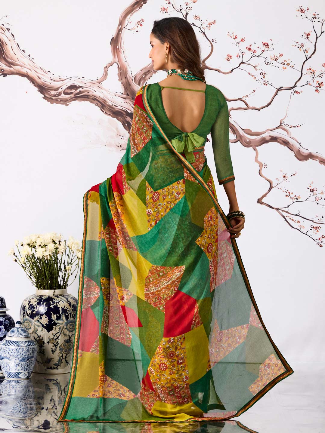 Green multi-color patchwork printed georgette saree casual wear